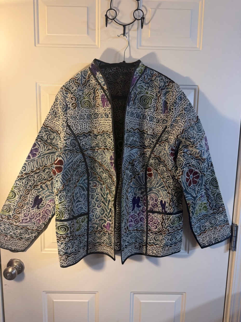 Boho Embroidered Open Front Jacket Size L Statement Piece